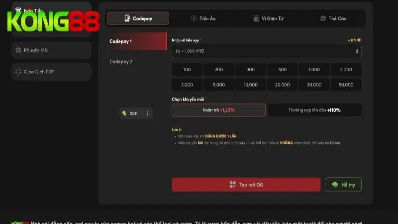 Hướng dẫn nạp tiền Kong88 qua Code Pay nhanh chóng