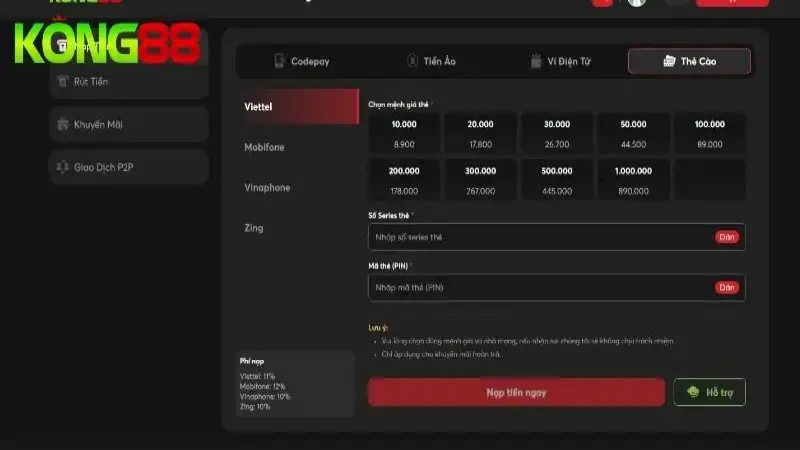 Nạp tiền Kong88 qua thẻ cào điện thoại nhanh gọn