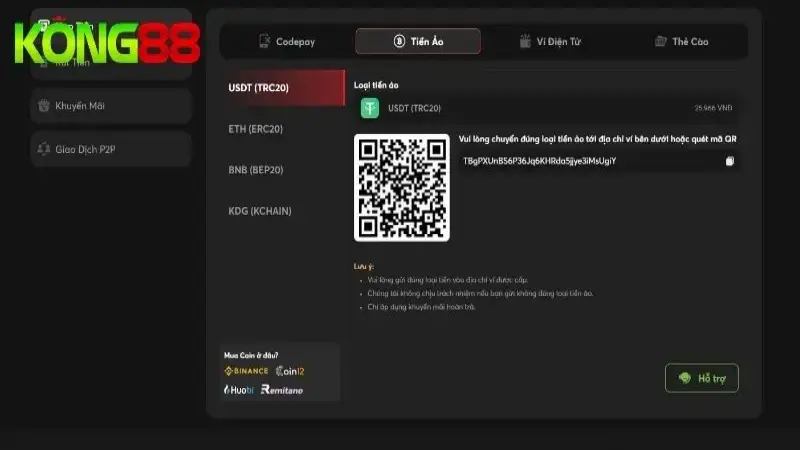 Giao dịch nạp tiền tại nhà cái bằng đồng tiền ảo