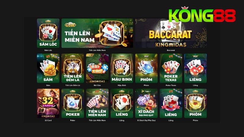 Sảnh bài Kong88 đẳng cấp với kho game phong phú, mức thưởng cao
